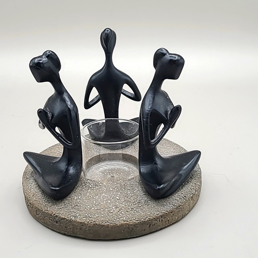 Black Sculpture Candle Holder of Three Praying Women Sitting in Yoga Position